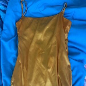 Golden yellow crystal strap satin dress